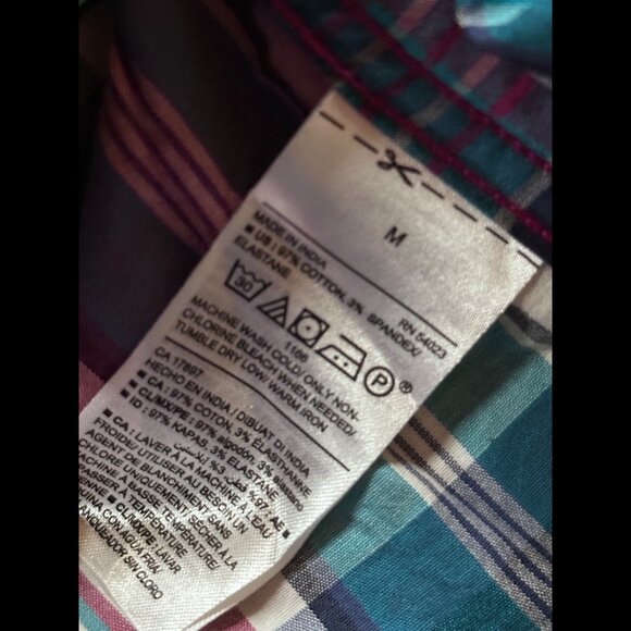 Old Navy Shirt Medium Blue Pink Check Plaid Short Sleeve Button Oxford Slim Fit - Picture 7 of 7